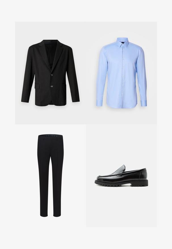 Blazer gris foncé en tissu lisse et texturé. Il présente un revers cranté, deux boutons à l'avant et une poche simple sur le côté gauche.; Chemise à manches longues bleu clair, boutonnée, en tissu texturé avec un col pointu et une fermeture classique à boutons à l'avant.; Pantalons noirs ajustés avec une texture lisse, une coupe droite et des passants de ceinture. Présentent une coupe classique sans motifs ni accents visibles.; Mocassin en cuir noir avec semelle en caoutchouc épaisse, dessus cousu et nom de marque embossé sur le talon, présenté de profil sur fond blanc.
