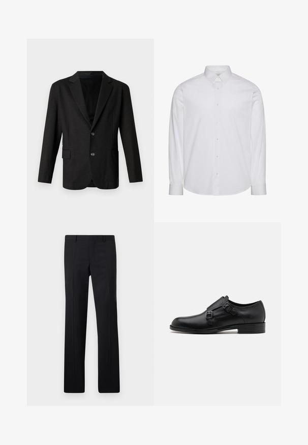 Blazer gris oscuro en un tejido suave y texturizado. Presenta un cuello con muesca, dos botones frontales y un bolsillo lateral en el lado izquierdo.; Camisa blanca de manga larga con botones, hecha de algodón. Presenta un cuello estándar, tapeta frontal con botones y dobladillo redondeado. Logo de la marca discreto.; Pantalones negros ajustados con un diseño de pierna recta, pliegues marcados y un acabado suave. Fabricados en tejido ligero con una cintura limpia.; Zapato de vestir de cuero negro con doble hebilla, silueta elegante y punta redonda. Cuenta con un tacón bajo y una textura suave.