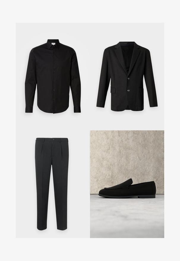 Mørkegrå blazer i et glat, tekstureret stof. Har en spidse lapels, to forreste knapper og en enkelt lomme på venstre side.; Sort langærmet skjorte med knapper, lavet af glat bomuldsstof. Har en klassisk krave, frontknapper og en buet nederkant.; Sorte skræddersyede bukser med et lige ben-design, to forreste læg og en knaplukning i taljen. Fremstillet af et glat stof uden synlige mønstre.; Sort slip-on loafer-sko svævende over lyst tæppe med et buet, ravbrunt moderne bord i baggrunden.