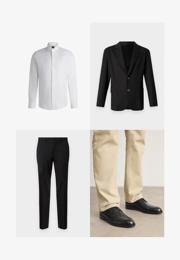 Blazer gris oscuro en un tejido suave y texturizado. Presenta un cuello con muesca, dos botones frontales y un bolsillo lateral en el lado izquierdo.; Camisa blanca de manga larga hecha de algodón suave, con un cuello clásico, botonera completa y puños abotonados. Diseño minimalista.; Pantalones negros de corte ajustado, hechos de una tela suave, con pernera recta, detalles de pinzas refinadas y una cinturilla clásica con ojales para cinturón.; Zapatos de cuero negro con cordones, puntera redondeada, acabado suave y sutiles detalles de costura, combinados con pantalones de color beige claro.