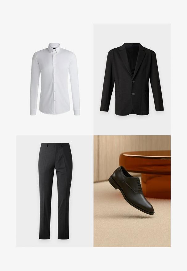 Mørkegrå blazer i et glat, tekstureret stof. Har en spidse lapels, to forreste knapper og en enkelt lomme på venstre side.; Langærmet hvid skjorte lavet af glat stof, med en krave med knapper og en række knapper foran. Enkelt design.; Skræddersyede mørkegrå bukser med en glat tekstur, slim fit, flad front og standard talje. Har pressede folder og ingen synlige mønstre.; Sort poleret læder snøresko til fest, der svæver over beige tæppe, med stort rundt glasbord i ravfarve i baggrunden.