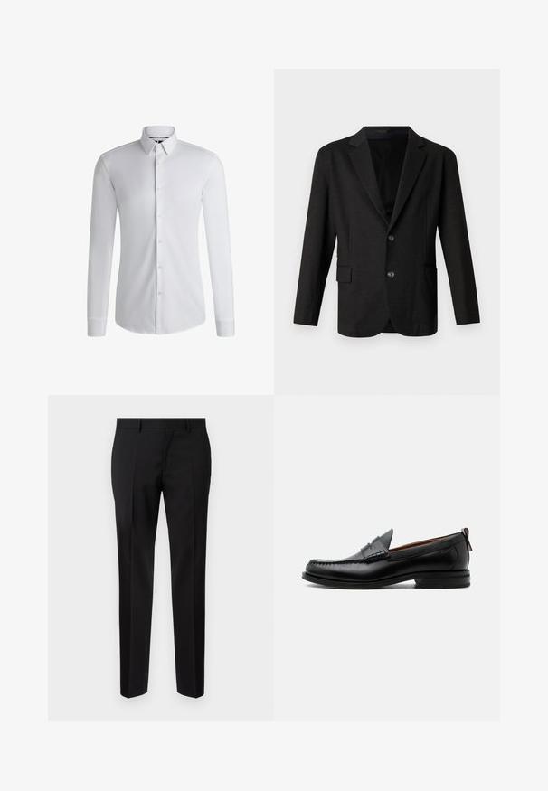 Blazer gris oscuro en un tejido suave y texturizado. Presenta un cuello con muesca, dos botones frontales y un bolsillo lateral en el lado izquierdo.; Camisa blanca de manga larga hecha de tejido suave, con un cuello abotonado y una fila de botones en la parte delantera. Diseño simple.; Pantalones negros de corte ajustado, hechos de una tela suave, con pernera recta, detalles de pinzas refinadas y una cinturilla clásica con ojales para cinturón.; Mocasín de hombre de piel negra con costura moc toe, tira penny, cuello texturizado y tacón bajo apilado sobre fondo blanco.