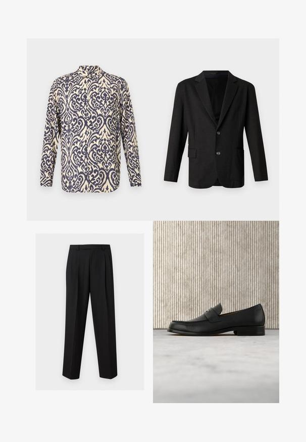 Blazer gris foncé en tissu lisse et texturé. Il présente un revers cranté, deux boutons à l'avant et une poche simple sur le côté gauche.; Chemise à manches longues de couleur crème avec des motifs tourbillonnants complexes en bleu marine, dotée d'un col et d'un design à boutonnière.; Pantalon noir sur mesure avec jambes droites, plis à la taille, passants de ceinture et poches latérales fendues, présenté sur un fond uni.; Mocassin en cuir noir flottant au-dessus d'un tapis beige avec une table ronde brune brillante en arrière-plan.