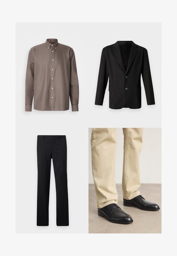 Mørkegrå blazer i et glat, tekstureret stof. Har en spidse lapels, to forreste knapper og en enkelt lomme på venstre side.; Brun skjorte med knapper, der har krave, lange ærmer, diskrete lodrette striber og hvide knapper foran.; Sorte skræddersyede bukser med et lige ben design, skarpe folder og en glat overflade. Fremstillet af letvægtsstof med en ren talje.; Sorte læder snørebåndssko med rund tå, glat finish og diskrete syninger, båret med lyse beige bukser.