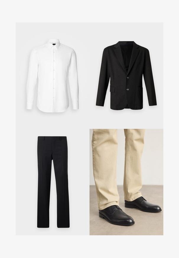 Mørkegrå blazer i et glat, tekstureret stof. Har en spidse lapels, to forreste knapper og en enkelt lomme på venstre side.; Hvid skjorte med lange ærmer, knaplukning foran, klassisk krave, lavet af glat stof med en subtil tekstur, designet til et tætsiddende udseende.; Sorte skræddersyede bukser med et lige ben design, skarpe folder og en glat overflade. Fremstillet af letvægtsstof med en ren talje.; Sorte læder snørebåndssko med rund tå, glat finish og diskrete syninger, båret med lyse beige bukser.