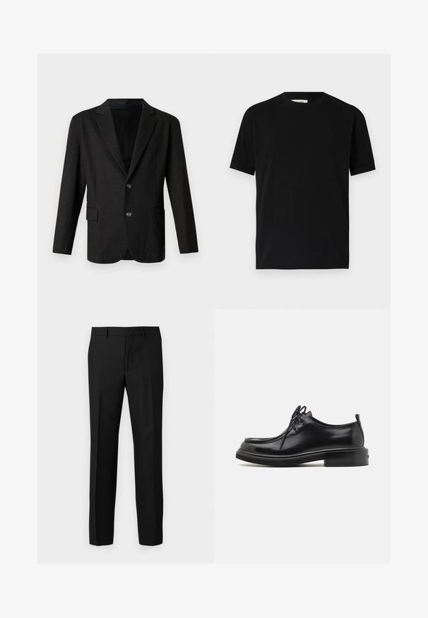 Mørkegrå blazer i et glat, tekstureret stof. Har en spidse lapels, to forreste knapper og en enkelt lomme på venstre side.; Sort kortærmet t-shirt lavet af bomuld med rund halsudskæring og løs pasform. Glat tekstur, ingen mønstre eller synlige logoer.; Sorte skræddersyede bukser med en glat tekstur, der har et lige ben-design, frontfolder og en flad talje. Ingen synlige lommer.; Calvin Klein LACE UP APRON BRUSH OFF - Snøresko - black