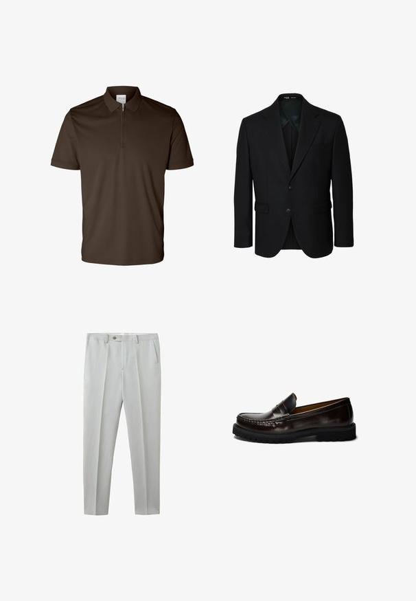 Zwart op maat gemaakte blazer voor heren met notch revers, twee knopen aan de voorkant, flapzakken en borstzak, reguliere pasvorm, zonder zichtbare achtergrond.; Donkerbruine poloshirt met korte mouwen, een kraag en een halve ritssluiting aan de voorkant, weergegeven op een witte achtergrond.; Lichtgrijze, op maat gemaakte broek met een knoop- en ritssluiting, riemlussen en zijzakken, getoond op een witte achtergrond.; Bruine leren loafer met een gladde afwerking, opvallende stiksels en een lage rubberen zool met een profiel voor grip.