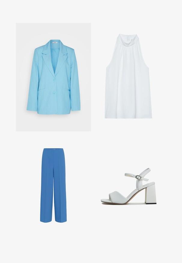 mbyM ADISON - Blazer - air blue melange; Hvid ærmeløs top med høj hals, der har blødt stof, sammensyning ved halsudskæringen og en skjult lynlås i ryggen.; Blå brede bukser lavet af glat stof, med en frontfold og flad talje uden synlige lukninger.; Hvide hælede sandaler med en glat læderoverdel, åben tå, ankelrem med spænde og en firkantet, kraftig hæl.