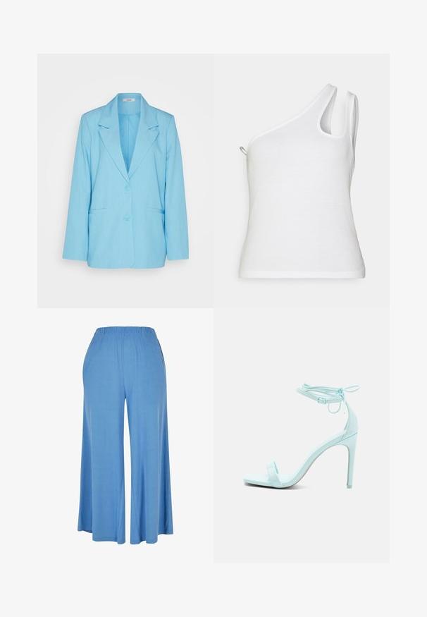 mbyM ADISON - Bleiser - air blue melange; Envii ENALLY - Topp - bright white; Heledad helesin sinised laiad püksid, mis on valmistatud pehmest kangast, elastse vöökoha ja lõdva lõikega, mis ulatub keskmiste sääreni.; Call it Spring Kõrge kontsaga sandaalid - light blue