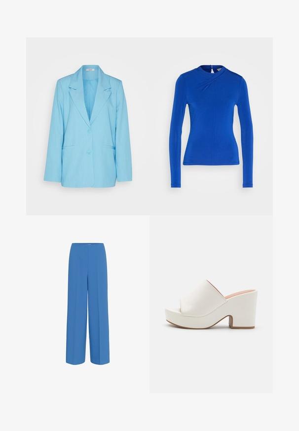 mbyM ADISON - Blazer - air blue melange; Blauwe lange mouw top met een hoge halslijn, met een draai ontwerp aan de voorkant en een knoopsluiting aan de achterkant. Gladde stofstructuur.; Blauwe wijde broek van soepel materiaal, met een voorplooien en een platte tailleband zonder zichtbare sluitingen.; Witte platform mules met een gladde afwerking, open teen ontwerp en een chunky hak. Kenmerkt zich door een subtiele bovennaad en een contrasterende zool.