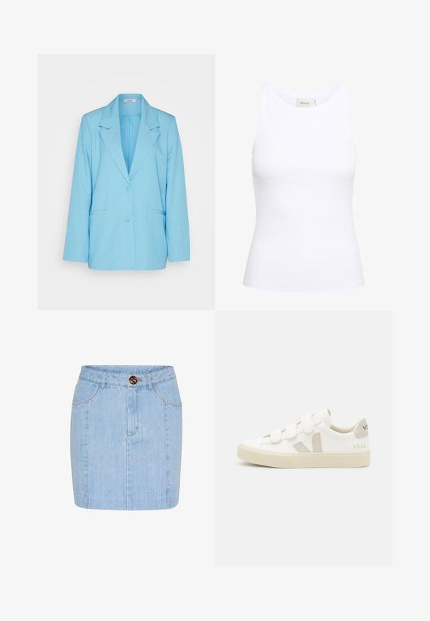 mbyM ADISON - Blazer - air blue melange; Hvid ribbet tanktop med rund halsudskæring og uden ærmer. Strækbart stof og tætsiddende design. Etiketten bagpå viser "GESTUZ."; Lysblå denimnederdel med lige snit, synlige sømdetaljer og en brun knap i taljen. Længden er midt på låret.; Hvide sneakers med velcro-remme, suede detaljer i beige, struktureret gummisål og V-logo i grå. Minimalistisk design, afrundet form.