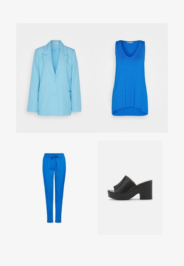 mbyM ADISON - Blazer - air blue melange; Anna Field by Zalando Top - blue; Blå joggingbukser lavet af blødt stof, med elastisk talje og snøre, to forlommer og smal bendesign.; Sorte læder open-toe mules har et bredt forreste strop og en chunky, høj platformhæl med en glat tekstur. Vist fra siden.