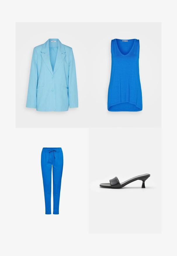 mbyM ADISON - Blazer - air blue melange; Anna Field Top - blue; Blaue Jogginghose aus weichem Stoff, mit einem elastischen Bund und Kordelzug, zwei Fronttaschen und einem schmal zulaufenden Bein.; Schwarze Absatzmules mit einem glatten, matten Lederoberteil, offenem Zeh, breitem Riemen über dem Spann und schlankem, quadratischem Absatz.