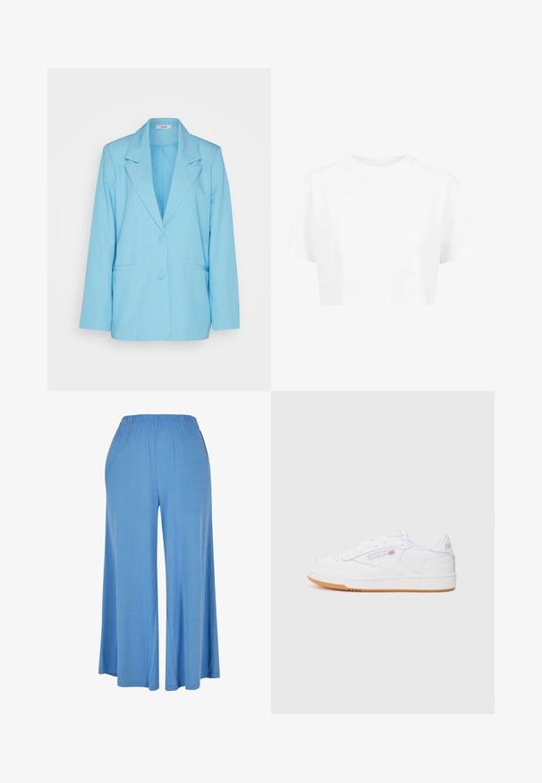 mbyM ADISON - Blazer - air blue melange; T-shirt blanche raccourcie, à manches courtes, col rond, en tissu lisse, sans motifs visibles ni quincaillerie distincte.; Pantalons larges bleu clair en tissu doux, dotés d'une taille élastique et d'une coupe ample qui s'étend jusqu'au milieu du mollet.; Baskets blanches en cuir avec un design bas, présentant une semelle en caoutchouc blanc texturé et une semelle extérieure en caoutchouc beige. Accents de logo subtils présents.