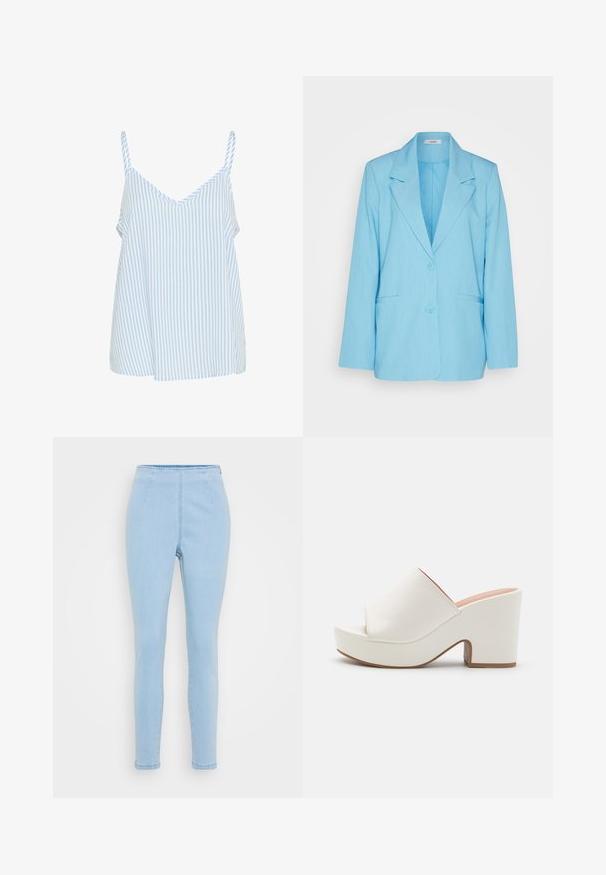 mbyM ADISON - Blazer - air blue melange; Blauw en wit gestreepte tanktop met dunne schouderbandjes, met een V-hals ontwerp en een losse, vloeiende vorm. Zachte stof textuur.; Lichtblauwe, high-waisted jeans met een getailleerd ontwerp, gemaakt van denim. Bevat twee voorste naden en een rechte snit tot aan de enkel.; Witte platform mules met een gladde afwerking, open teen ontwerp en een chunky hak. Kenmerkt zich door een subtiele bovennaad en een contrasterende zool.