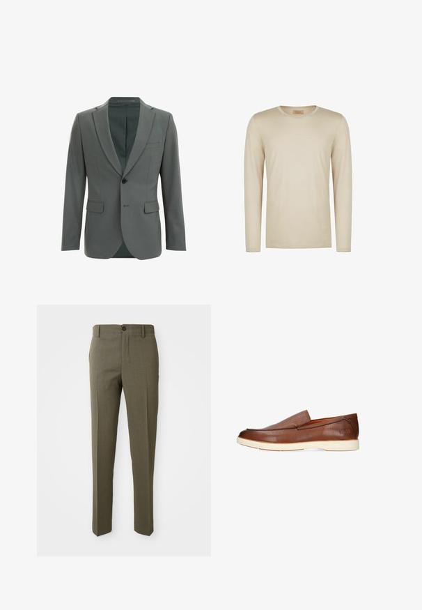 Grå skræddersyet blazer med en enkelt knaplukning, slim fit, to frontlommer og klippet slag. Foret inderside i en mørkere nuance.; Beige langærmet skjorte lavet af blødt stof, med ribbet tekstur og rund hals med en kontrasterende udskæring. Minimalistisk design.; Olivengrønne skræddersyede bukser med en glat overflade, lige bendesign, enkelt foretrukket knap og sidelommer for funktionalitet.; Brun læder slip-on loafer med hvid sål, rundet tå og minimal syning på siden, set fra ydersiden.