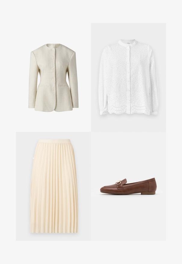 Blazer femme couleur crème, texturé, avec manches longues, col rond et cinq boutons sur le devant.; Blouse blanche avec un col rond, des manches longues et une fermeture à boutons ; présente des découpes brodées et un ourlet festonné.; Jupe midi plissée de couleur crème avec une ceinture ajustée, suspendue droite sur un fond uni.; Mocassins en cuir marron avec une semelle plate, un design surpiqué et un détail de boucle en ton doré sur la bride à travers le coup de pied.