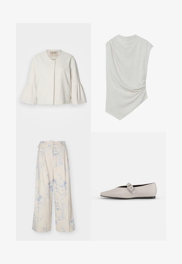Veste courte en lin blanc avec un col rond, fermeture à boutons à l'avant et manches cloche. Tissu texturé avec une finition lisse.; Haut beige clair avec un col arrondi, un ourlet asymétrique et des détails froncés d'un côté. Fabriqué en un tissu doux et texturé.; Pantalon crème à jambes larges avec imprimé floral bleu clair et ceinture en tissu assortie avec boucle rectangulaire.; Chaussure plate en cuir beige avec un bout pointu, un accent de boucle sur le côté et une semelle noire basse. Texture lisse et design minimaliste.