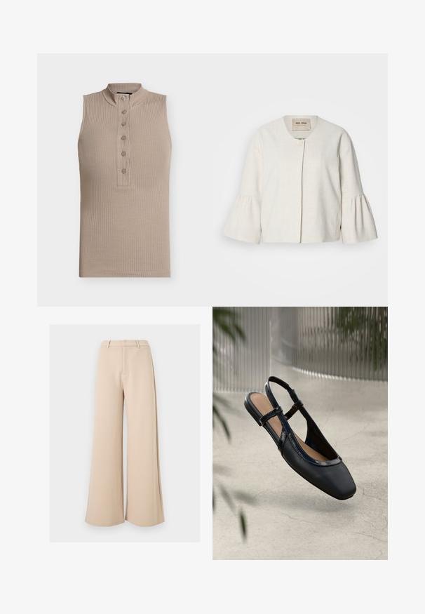 Veste courte en lin blanc avec un col rond, fermeture à boutons à l'avant et manches cloche. Tissu texturé avec une finition lisse.; Haut sans manches beige avec un col montant, texture côtelée et une patte de boutonnage à six boutons sur le devant. Design simple et coupe ajustée.; Pantalon large beige taille haute avec passants pour ceinture et fermeture avant dissimulée sur fond blanc.; Chaussure plate slingback en cuir noir avec un orteil carré, dotée d'un fini verni brillant et de sangles ajustables pour un maintien sécurisé.