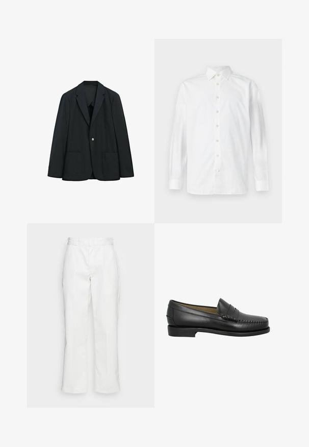 Zwarte blazer met één knoop, twee voorzakken en een notched revers, weergegeven op een witte achtergrond.; Wit overhemd met lange mouwen, knoopsluiting, spreidkraag en knoopmanchetten, weergegeven op een effen witte achtergrond.; Witte katoenen broek met een recht model, riemlussen en zijzakken, met een gladde textuur en minimale detaillering.; Zwarte leren instapper met een ronde neus, decoratieve stiksels en een lage, platte zool. Gladde textuur, minimalistisch ontwerp zonder versieringen.