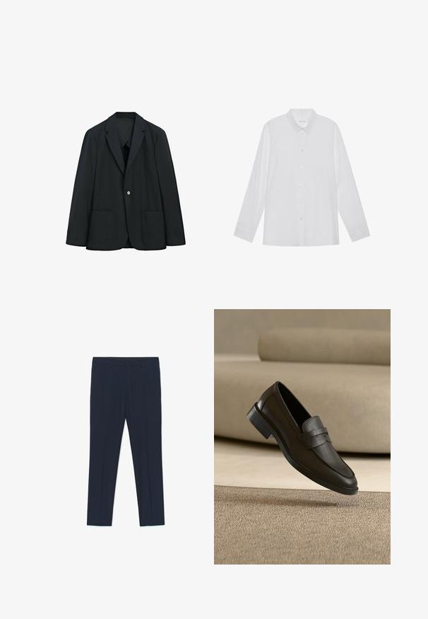 Schwarzer Ein-Knopf-Blazer mit zwei Vordertaschen und Revers mit Einkerbung, auf weißem Hintergrund dargestellt.; Weiße Langarmbluse aus glattem Stoff, mit spitzem Kragen, Knopfleiste vorne und Ein-Knopf-Manschetten.; Marineblaue formelle Hose mit maßgeschneidertem Design, glatter Textur und zwei Vordertaschen, mit klaren Linien und geradem Schnitt.; Schwarzer Lederloafer, der auf einem beigen Teppich liegt, mit einem gebogenen beigen Sofa im Hintergrund.
