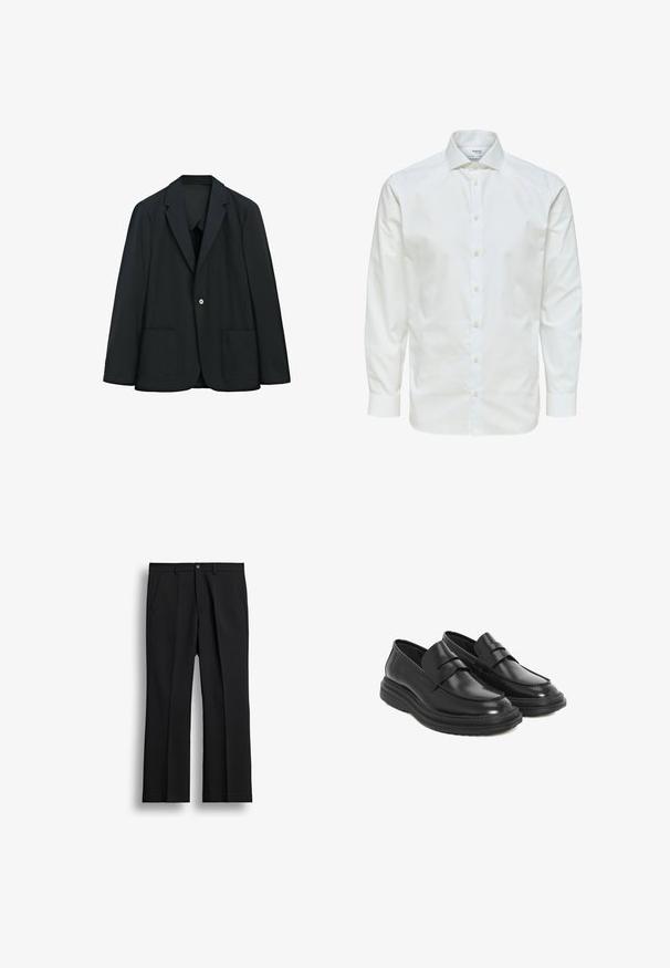 Sort enkeltknappet blazer med to forlommer og hakket revers, vist på hvid baggrund.; Hvid skjorte med lange ærmer med knaplukning foran og spids krave, vist mod en hvid baggrund.; Sorte straight-leg bukser med frontknap, lynlås, bæltestropper og sidelommer på ens hvid baggrund.; Sorte læder loafers med en rund tå, syet detaljer og en platform gummisål. Har en dekorativ rem tværs over vamps.