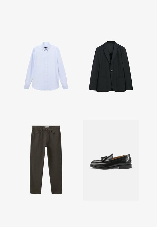 Sort enkeltknappet blazer med to forlommer og hakket revers, vist på hvid baggrund.; Lyseblå langærmet skjorte med knapper og klassisk krave, lige bund og subtil tekstur. Har en central knaplukning.; Mørkegrå, slim-fit bukser lavet af bomuld. Har standardlommer og en knaplukning. Glat tekstur med diskrete syningsdetaljer.; Sorte læder loafers med en kvastdetalje, en rund dramatisk tå og en glat overflade. Sålens flade design har et minimalt mønster.