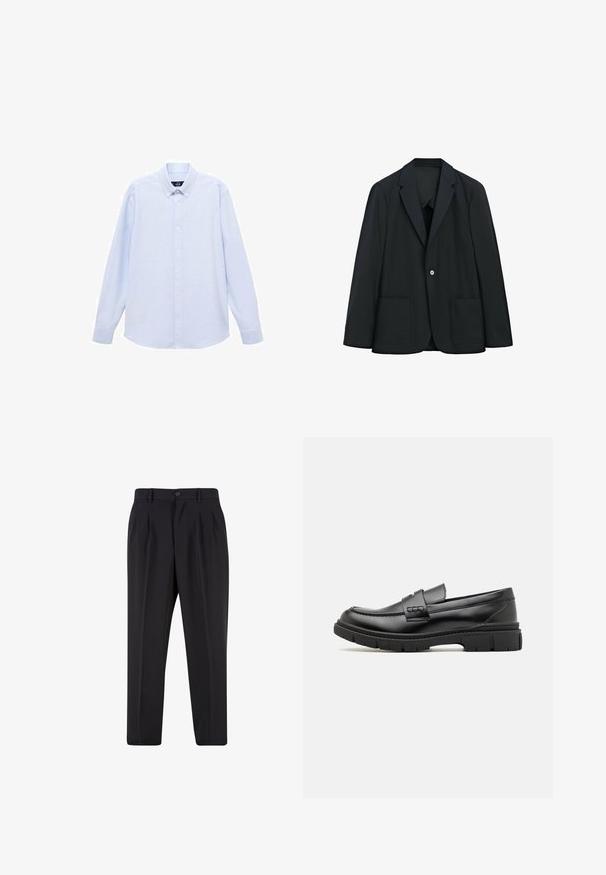 Sort enkeltknappet blazer med to forlommer og hakket revers, vist på hvid baggrund.; Lyseblå langærmet skjorte med knapper og klassisk krave, lige bund og subtil tekstur. Har en central knaplukning.; Sorte skræddersyede bukser med forreste læg, bæltestropper og knaplukning i taljen.; Sort læder loafersko med en bred rem over forfoden, gummisål med tykke mønstre og glat overflade. Klassisk, slankt design.