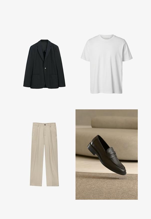 Blazer noir à un bouton avec deux poches frontales et revers crantés, présenté sur fond blanc.; T-shirt blanc uni à manches courtes, col rond, coupe décontractée, sans logos ni motifs visibles à l'avant.; Pantalon beige à coupe droite, doté d'un seul bouton noir, de passants de ceinture et de poches latérales. Texture de tissu lisse et design minimaliste.; Chaussure loafer en cuir noir reposant sur un tapis beige avec un canapé beige courbé en arrière-plan.