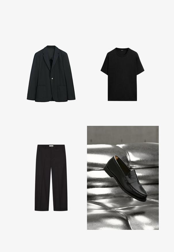 Blazer noir à un bouton avec deux poches frontales et revers crantés, présenté sur fond blanc.; T-shirt noir à manches courtes en coton, avec un col rond et une coupe décontractée. Aucune motif ni accent visible.; Pantalons larges noirs en tissu lisse. Comprend une fermeture avec bouton et zip, deux poches avant et une finition ourlée nette.; Mocassin en cuir noir flottant au-dessus d'un canapé en cuir argenté brillant matelassé à boutons dans un décor minimaliste.