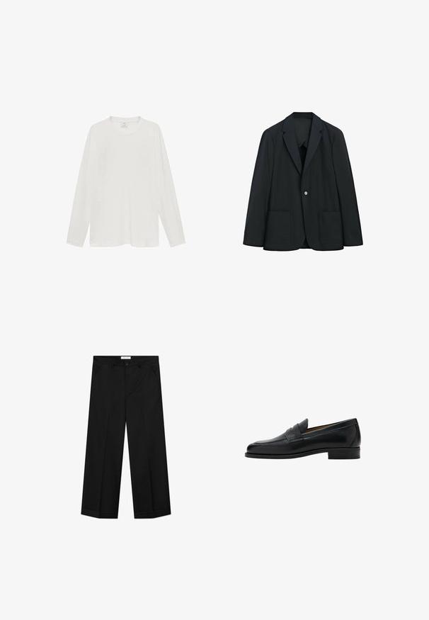 Zwarte blazer met één knoop, twee voorzakken en een notched revers, weergegeven op een witte achtergrond.; Witte longsleeve t-shirt, gemaakt van zachte stof, ronde halslijn, ontspannen pasvorm, minimalistisch ontwerp, geen zichtbare logo's of patronen.; Zwarte wijde broekspijpen gemaakt van een glad materiaal, voorzien van zakken aan de voorkant, een knoopsluiting en een vouw in elke pijp.; Zwarte leren penny loafer met lage hak, afgeronde neus en een band over het bovenste deel van de schoen.