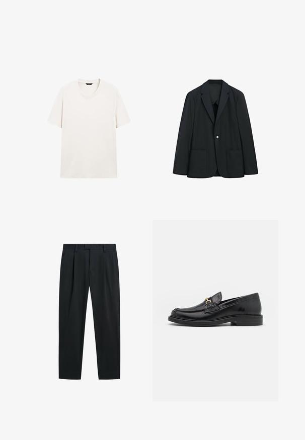 Sort enkeltknappet blazer med to forlommer og hakket revers, vist på hvid baggrund.; Lys hvid kortærmet t-shirt med rund hals, vist fladt med synlig halslabel mod en hvid baggrund.; Sorte formelle bukser med lige ben, frontplisser, sidelommer, bæltestropper og skjult frontlukning.; Sorte læder loafers med en rund tå, der har guld hardware accent og syningsdetaljer, placeret på en lav, tekstureret gummisål.