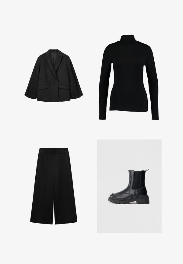 Zwarte dubbelkleding blazer met zichtbare revers, oversized pasvorm en twee voorzakken. Stof heeft een gladde textuur met een gestructureerd ontwerp.; Zwart lange mouw turtleneck top van gladde stof, met een aansluitend ontwerp en hoge hals, geschikt voor layering of als standalone kleding.; Zwarte wijde broek gemaakt van gestructureerde stof, met zijzakken en een gladde tailleband, ontworpen voor een ruime pasvorm.; Zwarte chelsea boots van soepel leer, met elastische zijpanelen, een dikke, robuuste hak en een lepel aan de achterkant voor gemakkelijk aan- en uittrekken.
