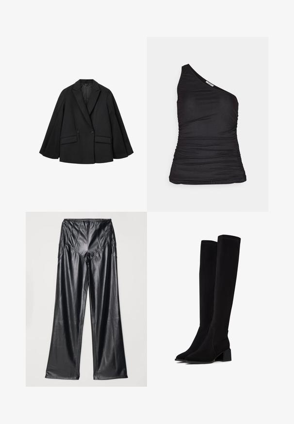Zwarte dubbelkleding blazer met zichtbare revers, oversized pasvorm en twee voorzakken. Stof heeft een gladde textuur met een gestructureerd ontwerp.; Zwarte top met één schouder, gemaakt van rekbaar materiaal, met plooien aan de voorkant en een getailleerd ontwerp voor een slanke silhouet.; Zwarte neplederen broek met een gladde textuur, wijde pijpen en gestikte details langs de taille en zijkanten. Plat liggende presentatie.; Zwarte over-de-knie laarzen van zacht, textuurmateriaal. Voorzien van een blokhak, puntige neus en zichtbare naaddetails.