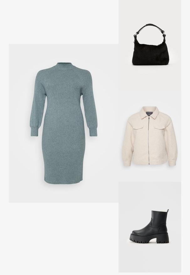 Helle beige Fleecejacke mit Reißverschluss, Kragen und zwei vorderen Taschen. Sie zeichnet sich durch einen strukturierten Stoff und eine lockere Passform aus.; Ribbed teal Strickkleid mit langen Puffärmeln und hohem Halsauschnitt, taillierte Passform, knielang, strukturierte Oberfläche, keine sichtbaren Muster oder Hardware.; Schwarze Stiefeletten aus glattem Leder mit einer dicken, geriffelten Gummisohle. Sie haben eine abgerundete Zehenpartie und eine Stoffauskleidung am oberen Rand.; Schwarze Kunstfell-Handtasche mit weicher Textur, runder Form und einem stabilen schwarzen Leder-Schulterriemen. Sichtbare silberne Hardware-Akzente.