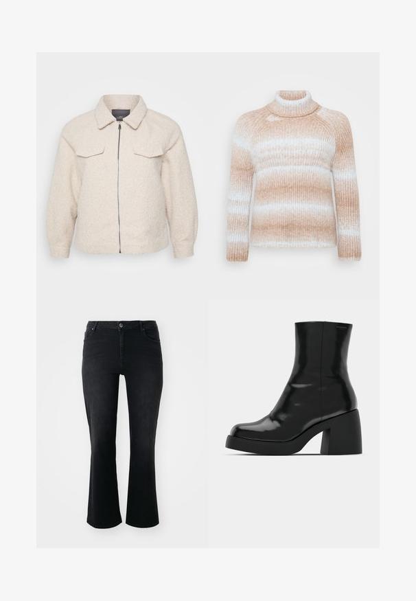 Lichtbeige fleece jas met een ritssluiting, kraag en twee voorzakken. Heeft een gestructureerde stof en een relaxte pasvorm.; ONLY Carmakoma CARDITTE ROLLNECK - Trui - cloud blue/tobacco brown; Zwarte denim jeans met een middelhoge taille, een knoop aan de voorkant, twee voorkruiszakken, twee achterzakken en een flared model.; Zwarte enkellaarzen met een glanzende afwerking, vierkante neus en een dikke blokhak. Het ontwerp heeft een naadloze silhouet en minimale branding.
