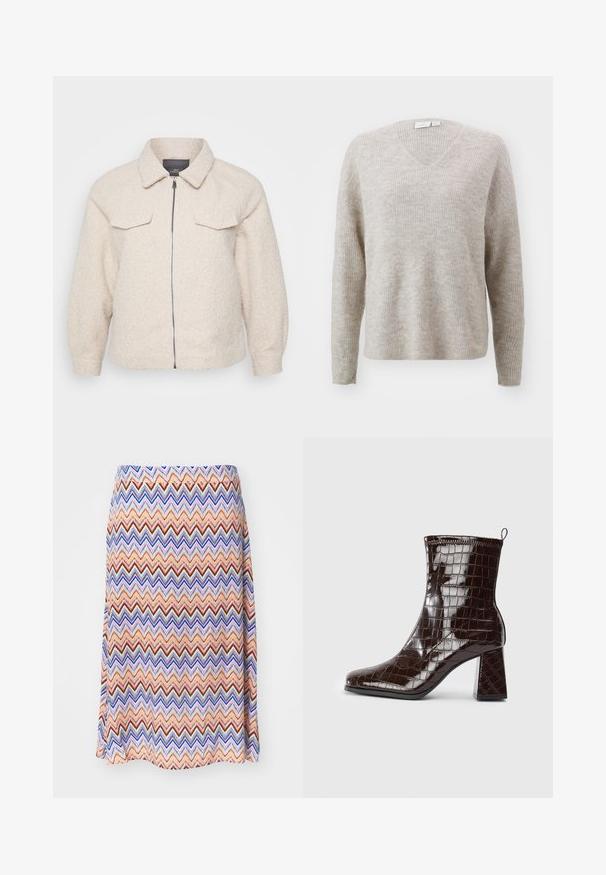 Lys beige fleecejakke med lynlås, krave og to forlommer. Har et tekstureret stof og en afslappet pasform.; Beige v-hals sweater lavet af tekstureret ribbet stof, der har lange ærmer og en afslappet pasform. Generelt blød fremtoning med et subtilt mønster.; Multifarvet zigzag mønster nederdel. Lavet af letvægtsstof, med en flared silhuet og en taljeelastik. Overvejende orange, blå og rød.; Mørkebrun patentlæder ankelstøvle med krokodillemønster, blokhæl og trækstrop bagpå mod hvid baggrund.
