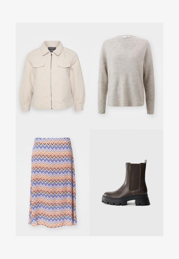 Lys beige fleecejakke med lynlås, krave og to forlommer. Har et tekstureret stof og en afslappet pasform.; Beige v-hals sweater lavet af tekstureret ribbet stof, der har lange ærmer og en afslappet pasform. Generelt blød fremtoning med et subtilt mønster.; Multifarvet zigzag mønster nederdel. Lavet af letvægtsstof, med en flared silhuet og en taljeelastik. Overvejende orange, blå og rød.; Brune læder ankelstøvle med elastiske sidepaneler, kraftig sort gummisål, hævet hæl og kontraststingdetaljer.
