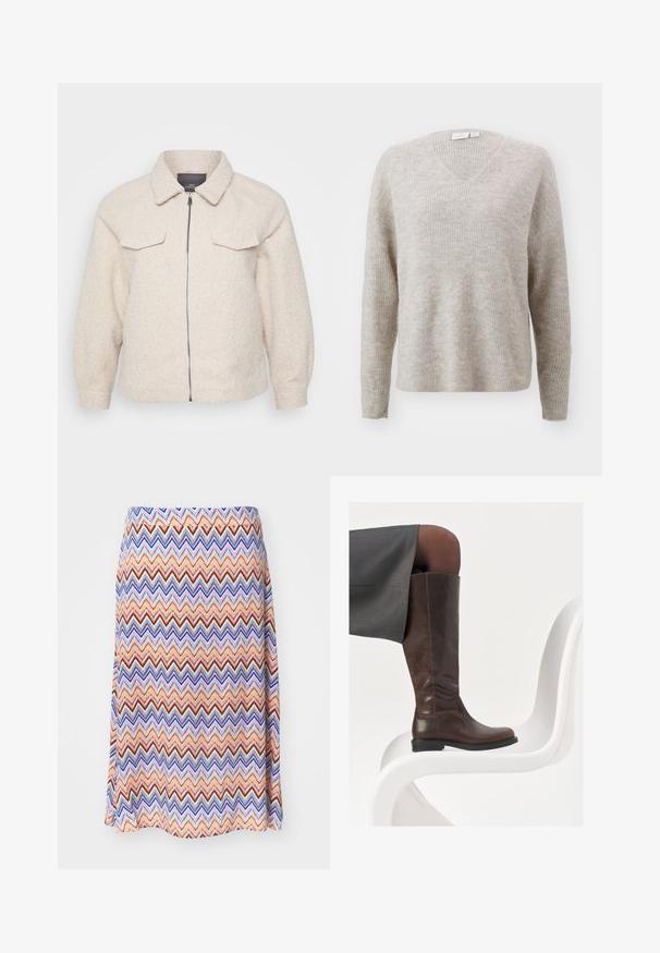 Lys beige fleecejakke med lynlås, krave og to forlommer. Har et tekstureret stof og en afslappet pasform.; Beige v-hals sweater lavet af tekstureret ribbet stof, der har lange ærmer og en afslappet pasform. Generelt blød fremtoning med et subtilt mønster.; Multifarvet zigzag mønster nederdel. Lavet af letvægtsstof, med en flared silhuet og en taljeelastik. Overvejende orange, blå og rød.; Brun læder knæhøj støvle med afrundet tå, glat tekstur og minimale syningsdetaljer, sat mod en lys baggrund på en hvid stol.