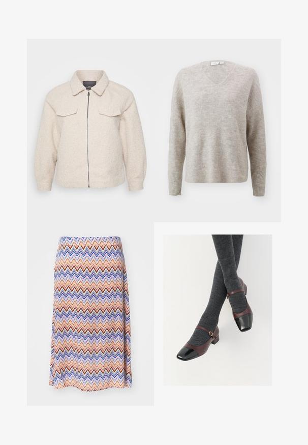 Lys beige fleecejakke med lynlås, krave og to forlommer. Har et tekstureret stof og en afslappet pasform.; Beige v-hals sweater lavet af tekstureret ribbet stof, der har lange ærmer og en afslappet pasform. Generelt blød fremtoning med et subtilt mønster.; Multifarvet zigzag mønster nederdel. Lavet af letvægtsstof, med en flared silhuet og en taljeelastik. Overvejende orange, blå og rød.; Burgunderrøde læder Mary Jane-sko med en sort laktoej og tynd ankelrem; båret med mørkegrå ribbede strømper. Lav blokhæl.