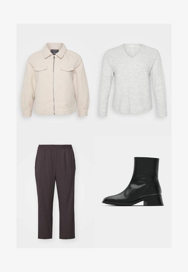 Veste en polaire beige clair avec fermeture éclair, col et deux poches avant. Présente un tissu texturé et une coupe décontractée.; Pull long ajusté gris clair à manches longues avec une texture côtelée, un décolleté en V et un ourlet légèrement courbé. Matériau doux avec de subtiles variations de motifs.; Pantalons gris foncé à taille élastique, avec des rayures verticales, une coupe fuselée, un tissu lisse et des poches latérales pour un design épuré.; Bottine noire en cuir brillant, au design épuré, avec un bout pointu et un petit talon bloc pour plus de stabilité.