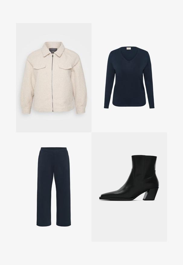 Veste en polaire beige clair avec fermeture éclair, col et deux poches avant. Présente un tissu texturé et une coupe décontractée.; Pull à col en V bleu marine à manches longues avec poignets et ourlet côtelés, étiquette « KAFFE Curve » à l'intérieur du col.; Pantalons en mélange de coton, coupe confortable, couleur bleu marine foncé, avec une taille élastique et des jambes droites. Sans poches ni coutures visibles.; Bottine en cuir noir avec un bout pointu, une silhouette élégante et un talon carré massif. Texture lisse avec des détails de couture minimalistes.