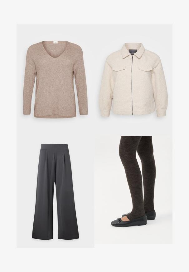 Lichtbeige fleece jas met een ritssluiting, kraag en twee voorzakken. Heeft een gestructureerde stof en een relaxte pasvorm.; Lichtbruine, geribde sweater met lange mouwen en een V-hals. Glad textuur met een ontspannen pasvorm en een rechte zoom. Geen zichtbare patronen of accenten.; Donkergrijze, wijde broek met hoge taille, voorkanten plooien en een gladde tailleband, weergegeven op een lichte achtergrond.; Benen met donkere geribbelde leggings gecombineerd met zwarte ballerina's met kleine strikdetails op een witte achtergrond.