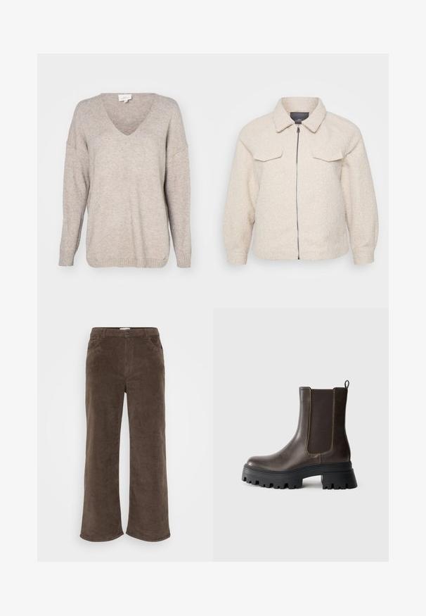 Helle beige Fleecejacke mit Reißverschluss, Kragen und zwei vorderen Taschen. Sie zeichnet sich durch einen strukturierten Stoff und eine lockere Passform aus.; Beige V-Ausschnitt Pullover aus weichem Strickmaterial, mit entspanntem Schnitt, überschnittenen Schultern und gerippten Bündchen und Saum.; Braune Cordhosen mit weiter Beinform, ausgestattet mit einem Knopfverschluss, Gürtelschlaufen und Fronttaschen. Weiche Textur und gerippter Stoff.; Braune Leder-Ankle-Boots mit elastischen Seitenpaneelen, robuster schwarzer Gummisohle, erhöhtem Absatz und Kontrastnähten.