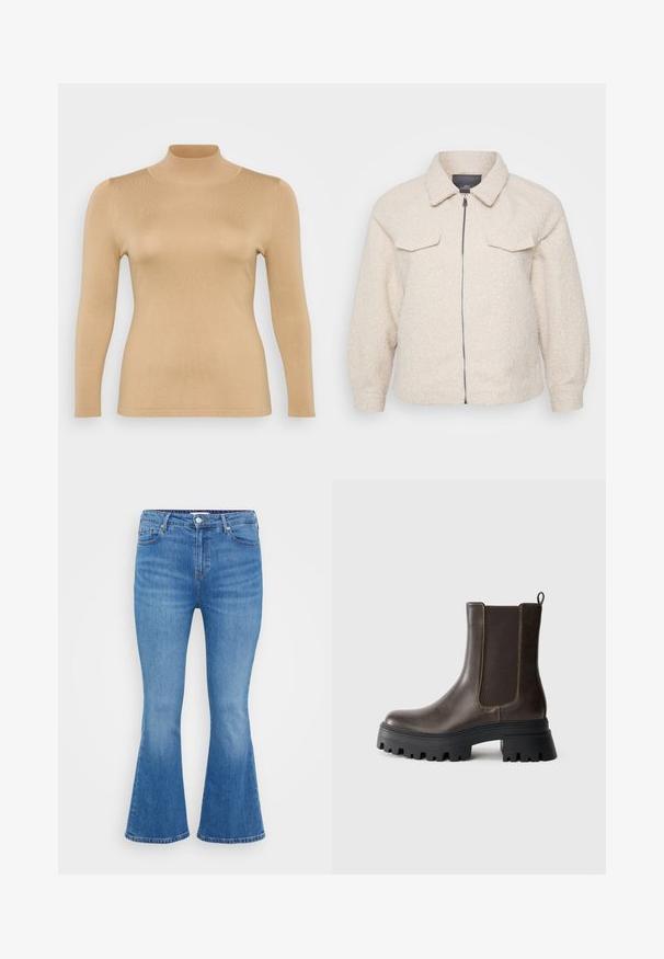 Veste en polaire beige clair avec fermeture éclair, col et deux poches avant. Présente un tissu texturé et une coupe décontractée.; Haut en beige à col roulé, à manches longues, avec une texture côtelée, une coupe ajustée et un col haut. Matériau lisse sans embellissements visibles.; Jean flare en denim bleu clair, avec taille haute, cinq poches et fermeture à bouton classique. Texture lisse avec un léger dégradé.; Bottine en cuir marron avec des panneaux latéraux élastiques, semelle en caoutchouc noir épaisse, talon surélevé et détails de couture contrastés.