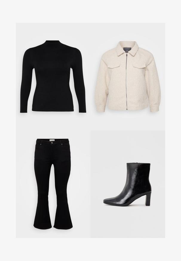 Lys beige fleecejakke med lynlås, krave og to forlommer. Har et tekstureret stof og en afslappet pasform.; Sort langærmet turtleneck top lavet af blødt, glat stof. Slim fit med høj hals og lige kant, præget af minimale sømme og uden mønstre.; Sorte flare jeans lavet af blød denim, med en tætsiddende talje, frontlommer og en flagrende kant for en afslappet pasform.; Sorte ankelstøvler lavet af blank læder, med spidse tæer og en mellemstor blokhæl, med en glat tekstur og et enkelt design.