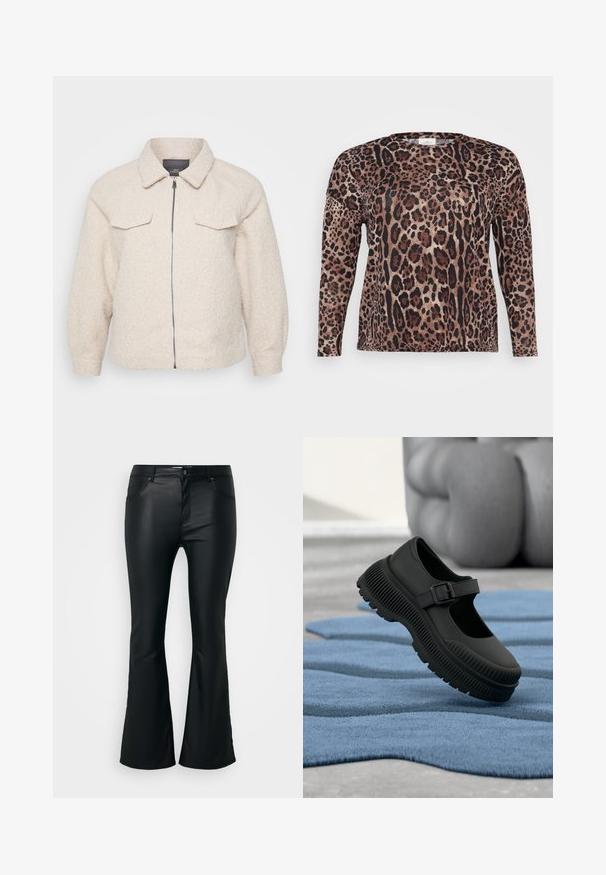 Chaqueta de forro polar de color beige claro con cierre de cremallera, cuello y dos bolsillos delanteros. Presenta una tela texturizada y un corte relajado.; Camisa de manga larga con un patrón de estampado de leopardo que presenta tonos de marrón, negro y beige. Textura suave y ajuste relajado.; Pantalones negros de campana fabricados con un material suave y brillante. Presentan cinco bolsillos, trabillas y una cremallera con cierre de botón.; Zapato negro estilo Mary Jane con suela gruesa acanalada y correa con hebilla, sobre una alfombra azul texturizada con fondo desenfocado.