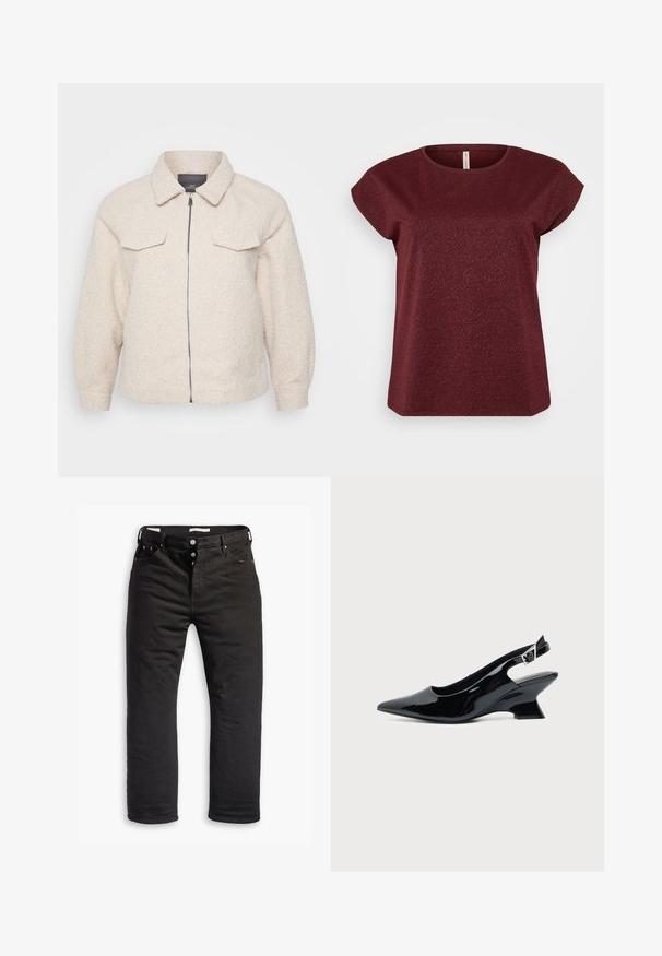 Helle beige Fleecejacke mit Reißverschluss, Kragen und zwei vorderen Taschen. Sie zeichnet sich durch einen strukturierten Stoff und eine lockere Passform aus.; Bordeauxfarbenes Kurzarmoberteil mit Rundhalsausschnitt, gefertigt aus einem strukturierten Stoff mit dezenten Glitzerelementen. Saubere, schlichte Silhouette.; Schwarze Denim-Jeans mit geradem Bein, ausgestattet mit einem Knopfverschluss, fünf Taschen und dezentem Stickdetail. Angenehme Textur.; Schwarzer Slingback-Schuh aus Lackleder mit spitzer Spitze und niedrigem, schrägem Blockabsatz auf einfachem hellem Hintergrund.