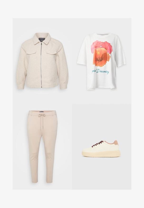 Lys beige fleecejakke med lynlås, krave og to forlommer. Har et tekstureret stof og en afslappet pasform.; Hvid T-shirt med korte ærmer med stort pink og orange blomsterprint samt blå tekst "Tropical Dreaming" på fronten.; Beige letvægts joggerbukser med snoretræk i taljen og to sidelommer. Glat tekstur, tapered ben og minimalt sømadetail.; Beige lavt skindesko med tyk sål, perforeret tå, lyserød hælkant og mørkebrune snørebånd på ensfarvet lysegrå baggrund.