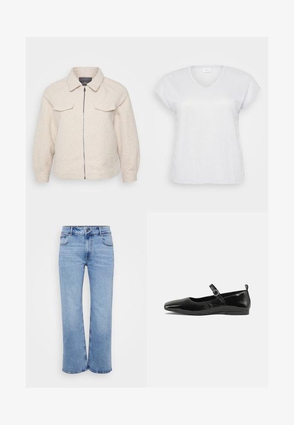 Lys beige fleecejakke med lynlås, krave og to forlommer. Har et tekstureret stof og en afslappet pasform.; Hvid kortærmet V-hals t-shirt med en subtil skimmereffekt, der har en afslappet pasform og ingen synlige mønstre eller accenter.; Lysblå vidde jeans lavet af denim, med fem lommer, en frontlynlås og en knaplukning. Subtile syninger langs sømmene.; Sorte patentlæder flade sko med spidse tæer, en ankelrem med spænde og en glat, blank tekstur. Lav hæl for komfort.